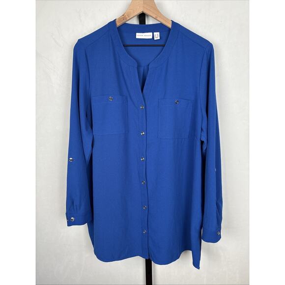 Susan Graver Button Down Blouse Women's 18W Blue Silver Buttons Stretch Roll Tab - Picture 1 of 13